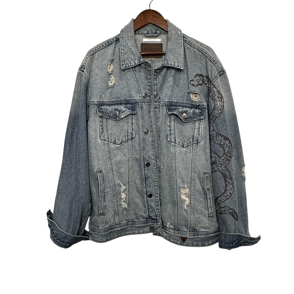 Guess Oversized Distressed‎ Denim Jacket Beaded Snake Detail Men’s L Unisex